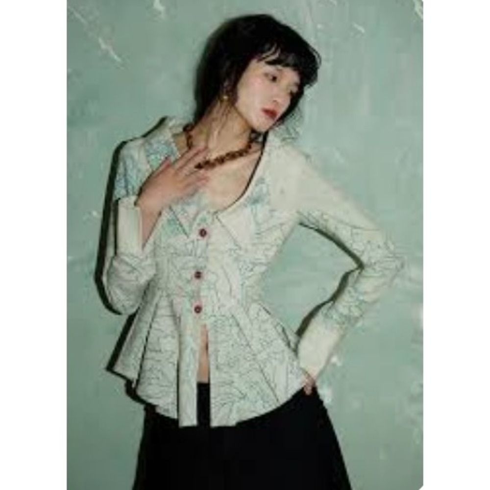 Original Design Floral Peplum Jacket Sage Green Mint Pleated Blazer 22091025 S